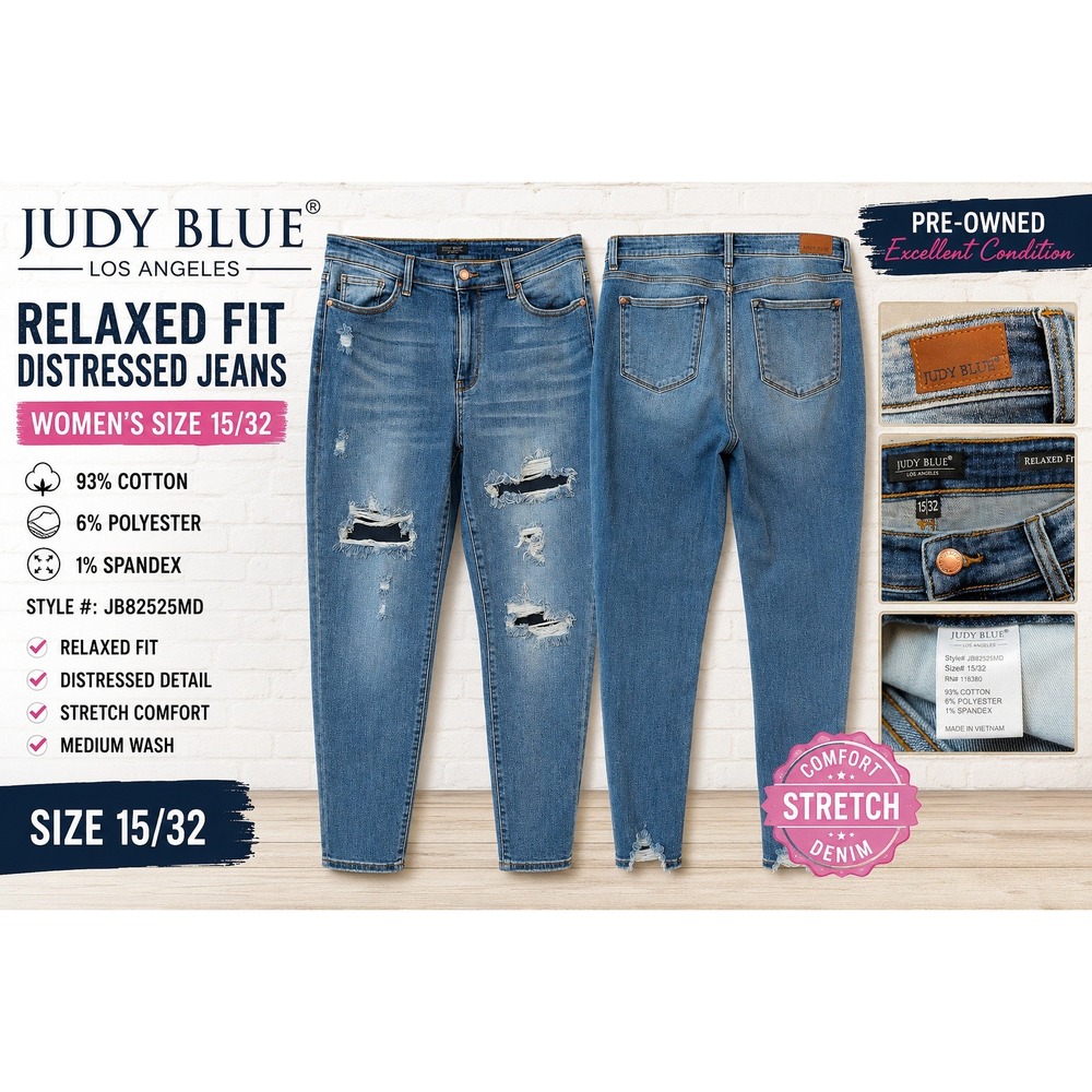 Judy Blue‎ Relaxed Fit Distressed Jeans Medium Wash Size 15/32 JB82525MD Womens